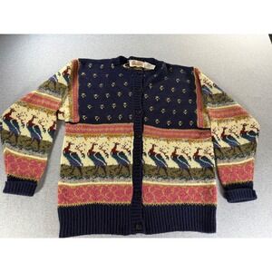 Vintage 80s The Import Workshop Bird Novelty Cardigan Sweater Navy Blue Small